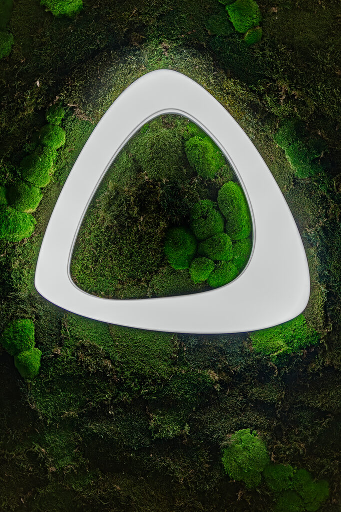 Detailaufnahme eines Logos an einer Mooswand - Das logo leuchtet und ist das Logo der Therme Nova